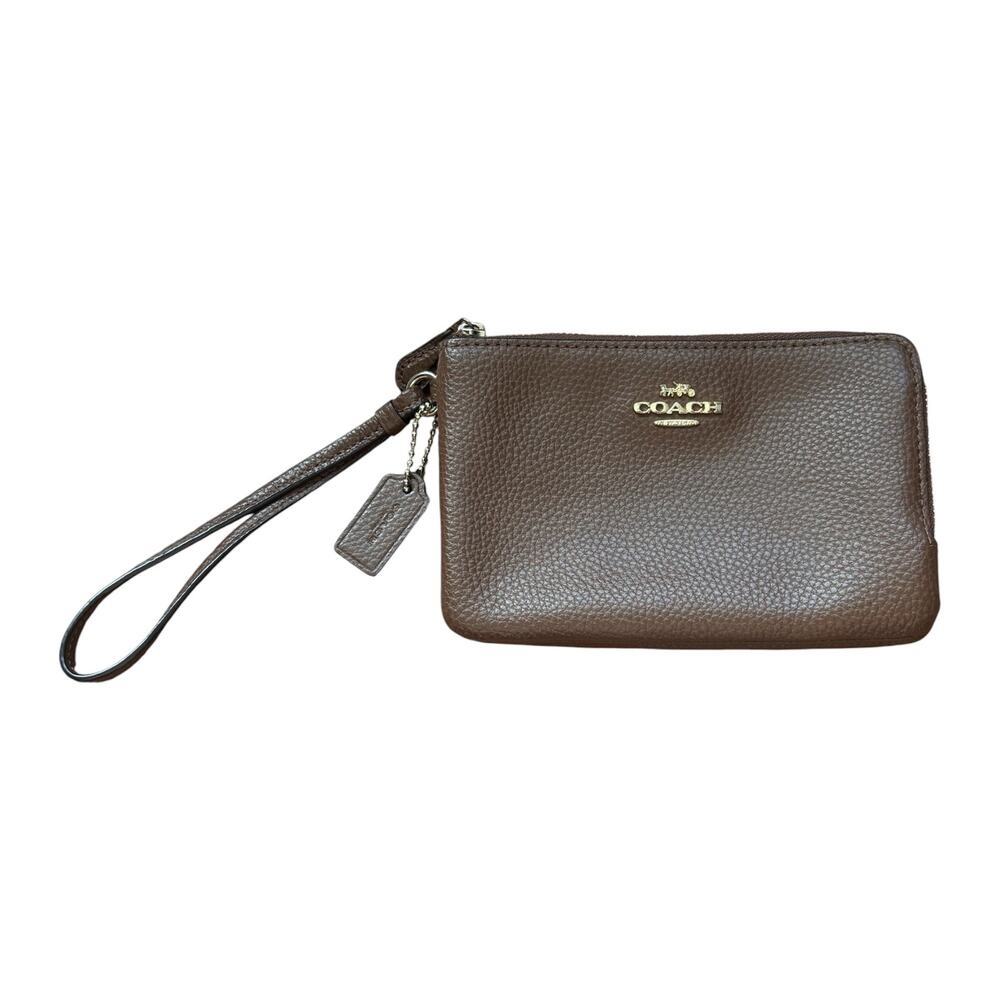 Coach Double Corner Zip Wristlet in Dark Brown Pebble Leather